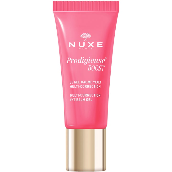 Nuxe Prodigieuse Boost Multi-Correction Eye Balm Gel 15ml oppfriskende øyegelé i rosa tube med gullfarget kork.