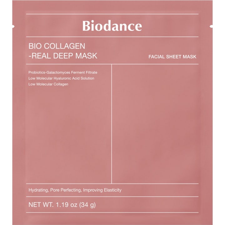 Biodance Bio-Collagen Real Deep Mask 34 g fuktighetsgivende ansiktsmaske i en støvrosa pose med hvit tekst