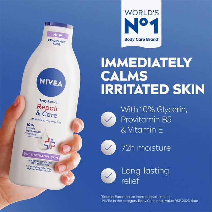 NIVEA Repair & Care 400 ml parfymefrid body lotion i hvit flaske som beroliger irritert og tørr hud