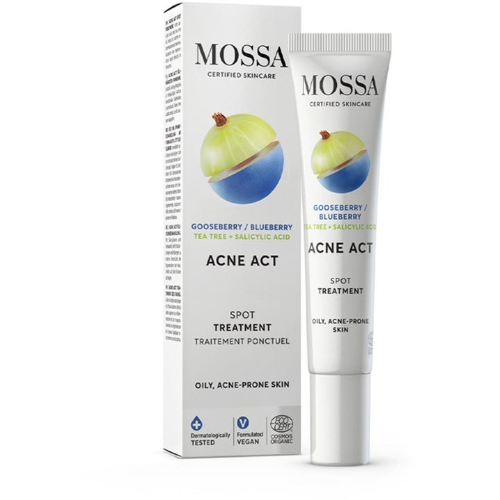 MOSSA Acne Act Spot Treatment 160 ml naturlig aknebehandling med salisylsyre i hvit tube og eske med bær