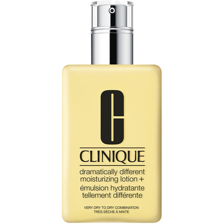 Clinique Dramatically Different Moisturizing Lotion+ fuktighetskrem i gul flaske med sølvpumpe for tørr hud