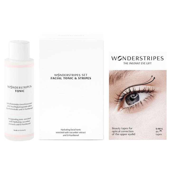 Wonderstripes Facial Tonic & Stripes sett med fuktighetsgivende ansiktsvann og eske med 84 usynlige øyeløft-tapes