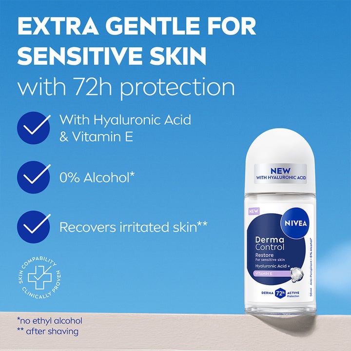 NIVEA Derma Control Restore 50 ml roll-on antiperspirant med tekst om 72t beskyttelse og pleie på blå bakgrunn