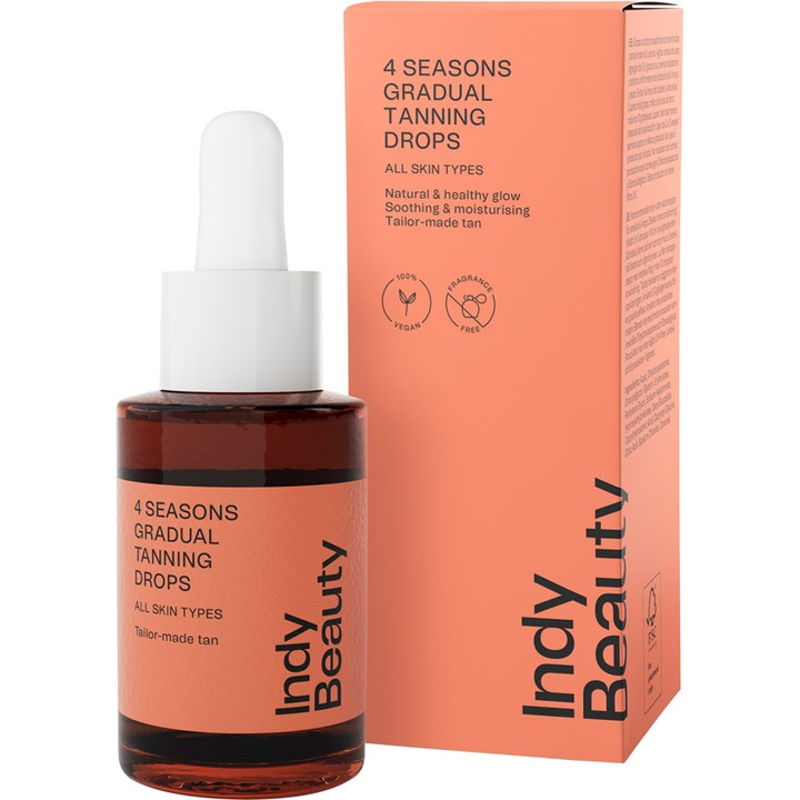 Indy Beauty Gradual Tan Drops 30 ml gir naturlig glød i en mørk glassflaske med hvit pipette og eske