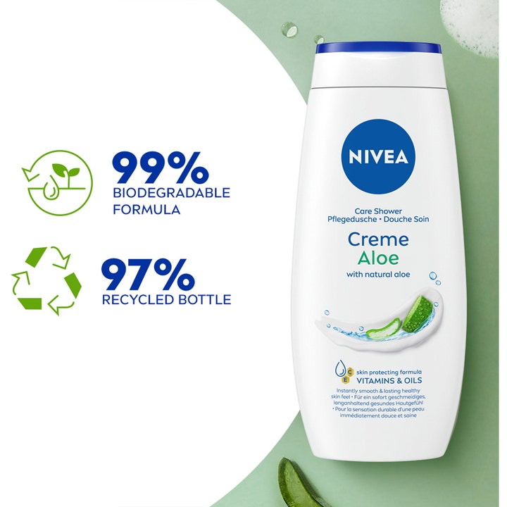 NIVEA Shower Summer Creme Aloe 250 ml pleiende dusjsåpe i hvit resirkulert flaske med aloe vera