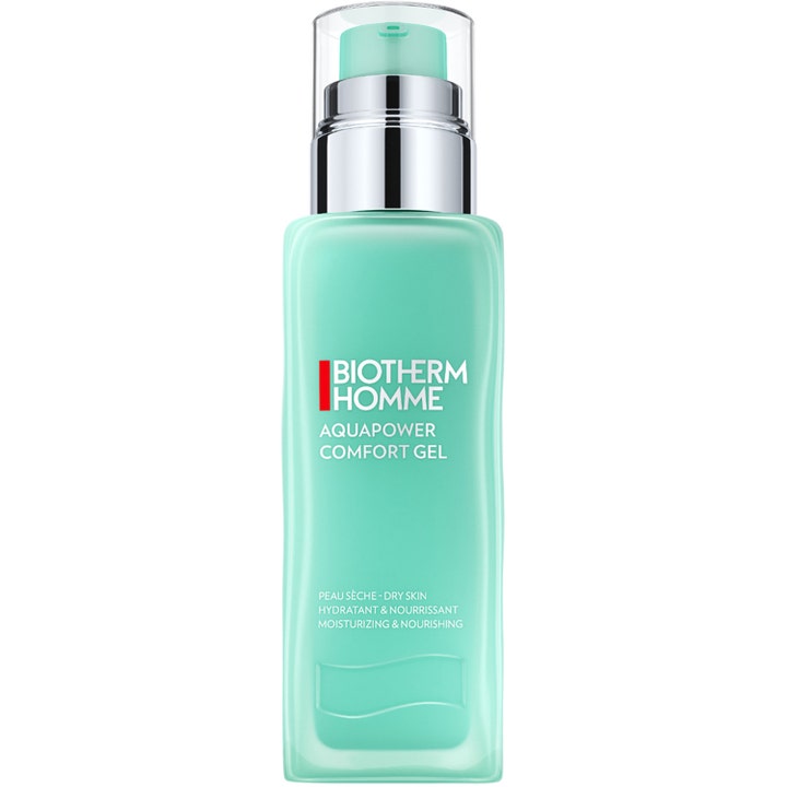 Biotherm Homme Aquapower Comfort Gel fuktighetsgivende ansiktsgel for tørr hud i lysegrønn pumpeflaske med sølvdetaljer
