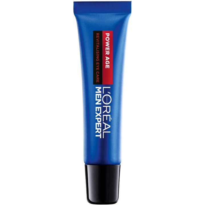 L'Oréal Men Expert Power Age Revitalising Eye Care 15ml mot rynker i en blå tube med svart kork.