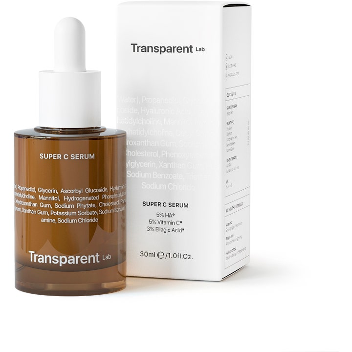 Niche Beauty Lab Transparent Lab Super C Serum 30 ml glødgivende vitamin C serum i brun glassflaske og hvit eske.