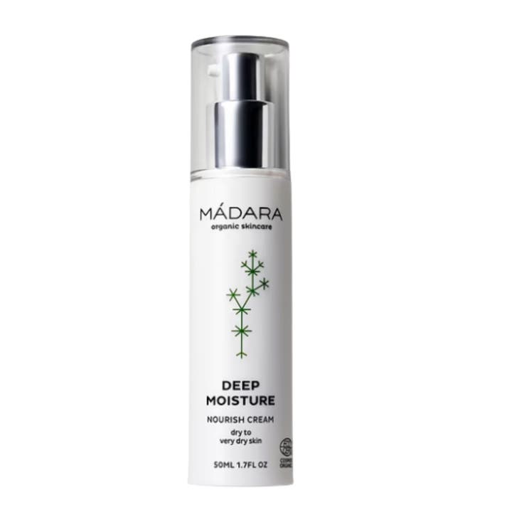 Mádara Deep Moisture Nourish Cream 50ml nærende ansiktskrem for tørr hud i hvit pumpeflaske med sølvdetaljer