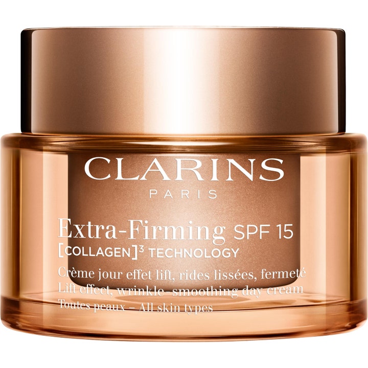 Clarins Extra-Firming SPF 15 oppstrammende dagkrem med kollagen i ferskenfarget glasskrukke med bronsefarget lokk