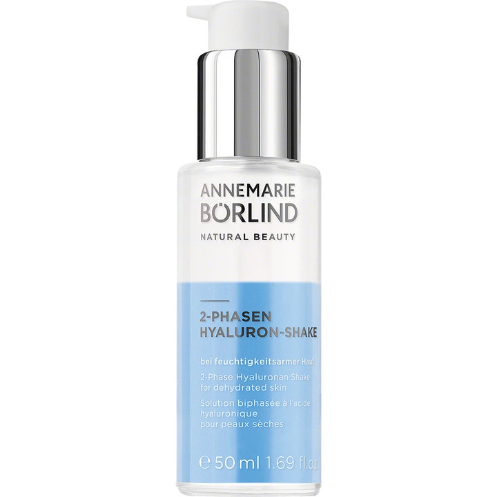 Annemarie Börlind 2-Phase Hyaluron-Shake 50 ml fuktighetsserum i glassflaske med blå og klar væske og sølvpumpe.