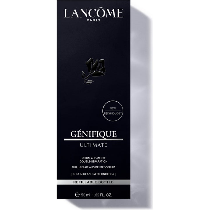 Lancôme Génifique Ultimate Serum 50 ml reparerende ansiktsserum i svart eske med sølvtekst og Beta Glucan-CM