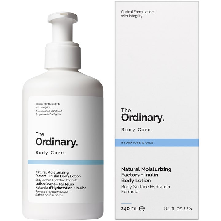 The Ordinary NMF + Inulin Body Lotion 240 ml fuktighetsgivende bodylotion i hvit flaske med pumpe og eske