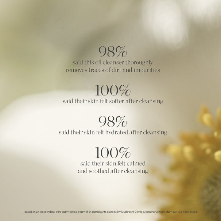 KORA Organics Mushroom Cleanser 150 ml rengjøringsolje med tekstgrafikk som viser kliniske resultater for huden.