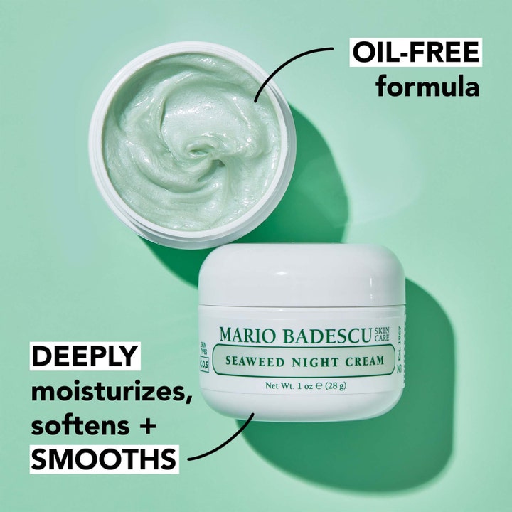 Mario Badescu Seaweed Night Cream 29 ml oljefri nattkrem i hvit krukke med tykk lysegrønn tekstur som fukter dypt