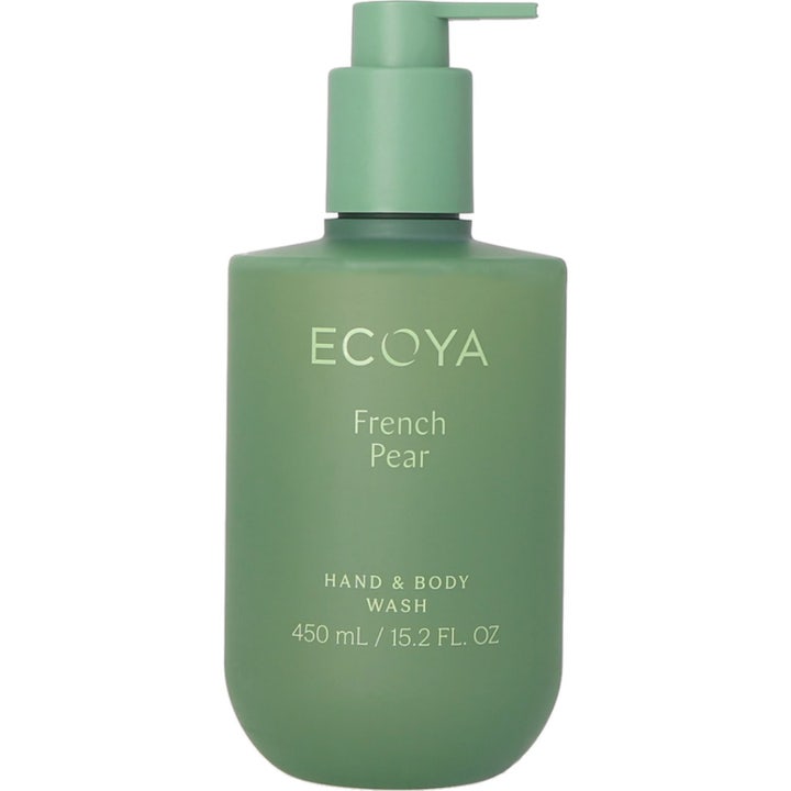 Ecoya French Pear 450 ml rengjørende hånd og kroppssåpe i en matt grønn flaske med praktisk pumpe