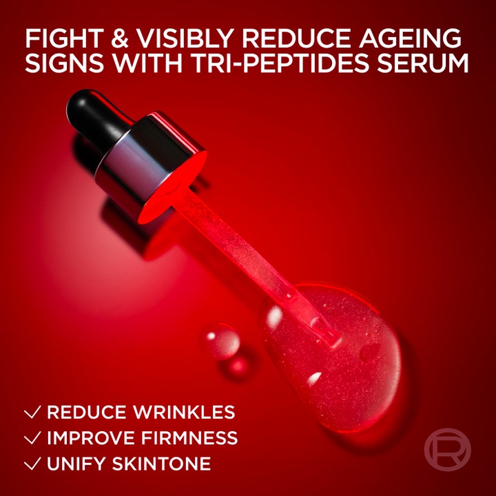 L'Oréal Paris Revitalift Laser 30 ml anti-age serum reduserer rynker og gir fastere hud vist med pipette på rød bunn.