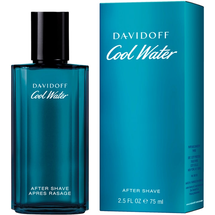 Davidoff Cool Water 75 ml beroligende after shave i blå glassflaske med tilhørende blå eske