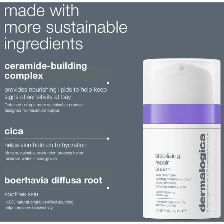 Dermalogica Stabilizing Repair Cream 15 ml beroligende dagkrem med cica og ceramider i hvit pumpeflaske med lilla bånd.