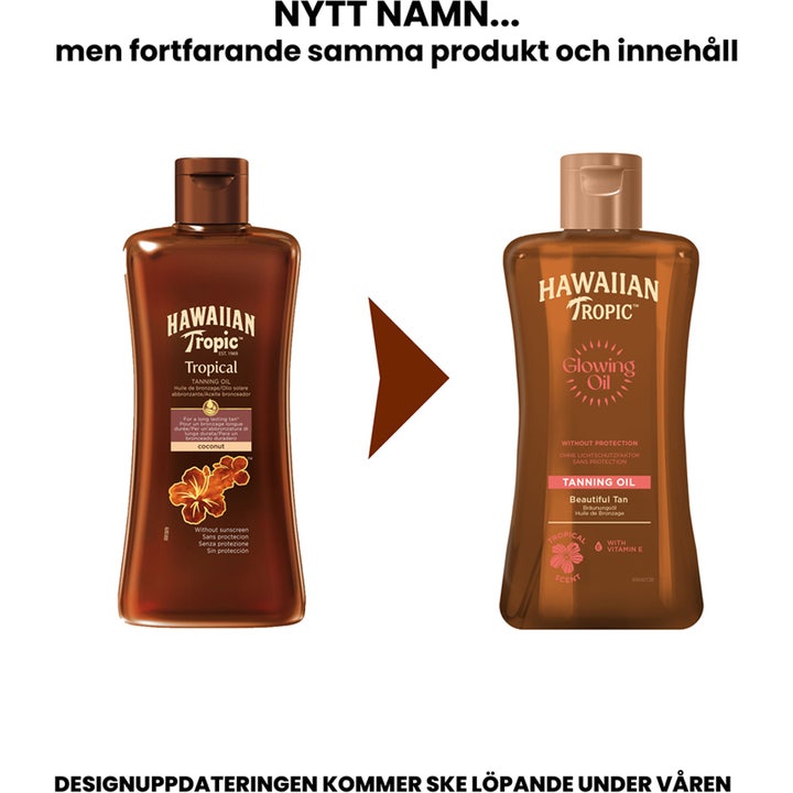 Hawaiian Tropic Glowing Oil Tanning Oil Coconut 200 ml sololje som viser overgangen fra gammelt til nytt flaskedesign.