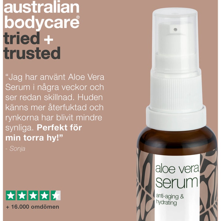 Australian Bodycare Aloe Vera Serum 30 ml fuktighetsgivende hudserum i brun glassflaske med pumpe og kundeomtale