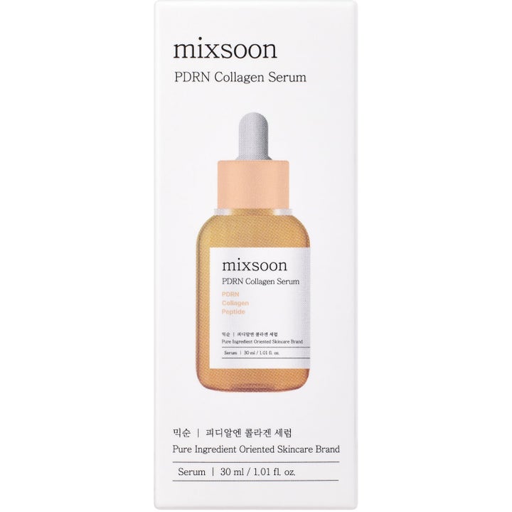 Mixsoon PDRN Collagen Serum 30 ml oppstrammende ansiktsserum i hvit ytteremballasje med illustrasjon av flasken