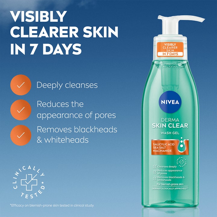NIVEA Derma Skin Clear Wash Gel 150 ml rengjøringsgel med salisylsyre i grønn flaske som gir synlig renere hud.