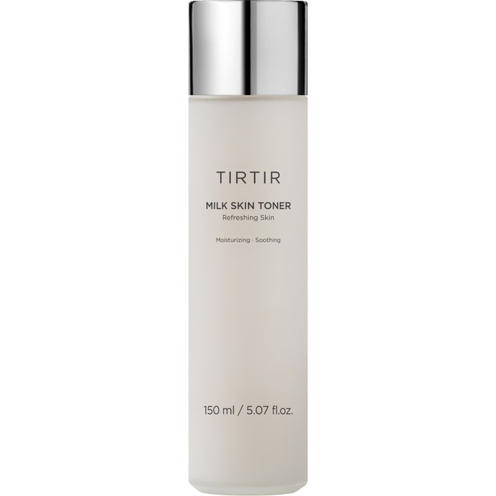 TIRTIR Milk Skin Toner 150 ml fuktighetsgivende ansiktsvann i frostet hvit flaske med glansfullt sølvlokk