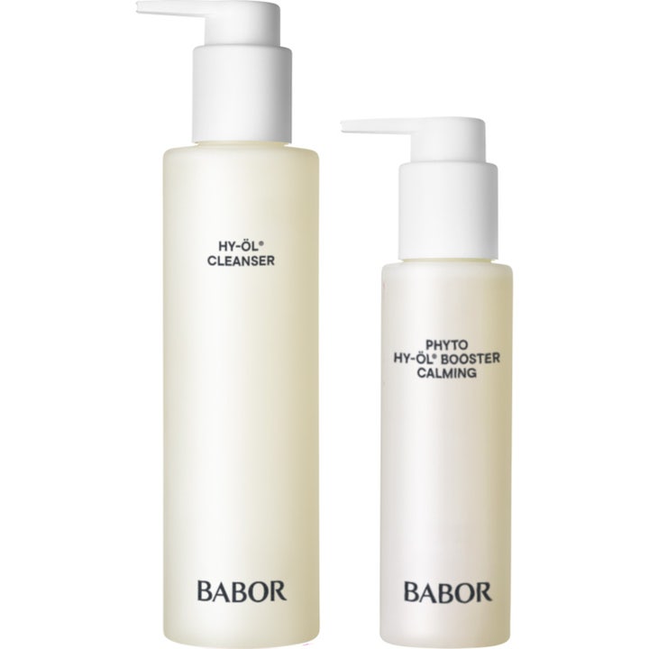 Babor HY-ÖL Cleanser og Phyto Booster Calming 200ml og 100ml beroligende rens i to frostede flasker med hvit pumpe