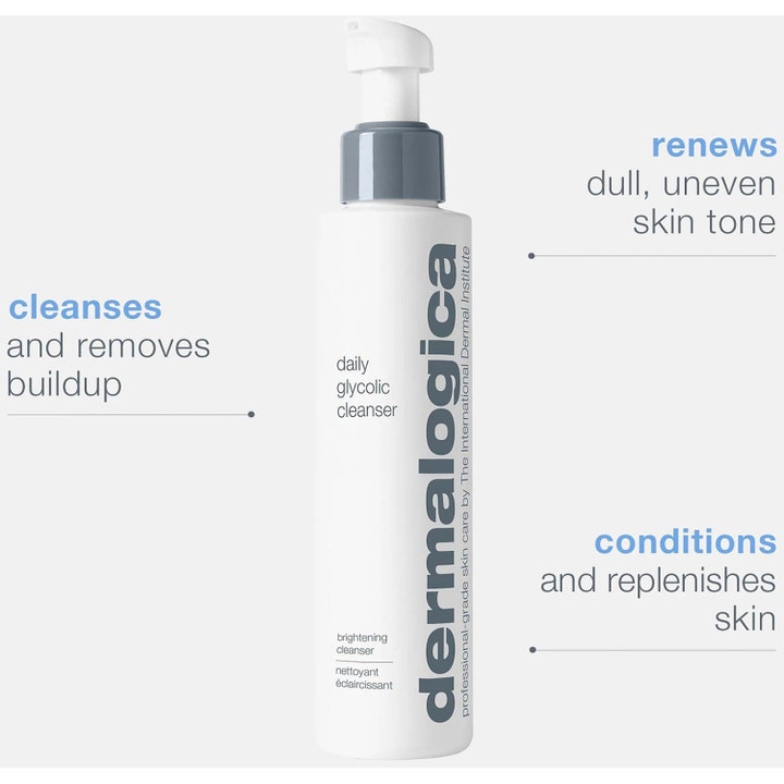 Dermalogica Daily Glycolic Cleanser 150 ml ansiktsrens i hvit pumpeflaske som fornyer ujevn hudtone og fjerner belegg.