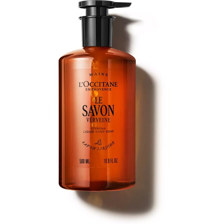 L'Occitane Shea Verbena Liquid Soap 500 ml fuktighetsgivende flytende såpe i oransje plastflaske med sort pumpe