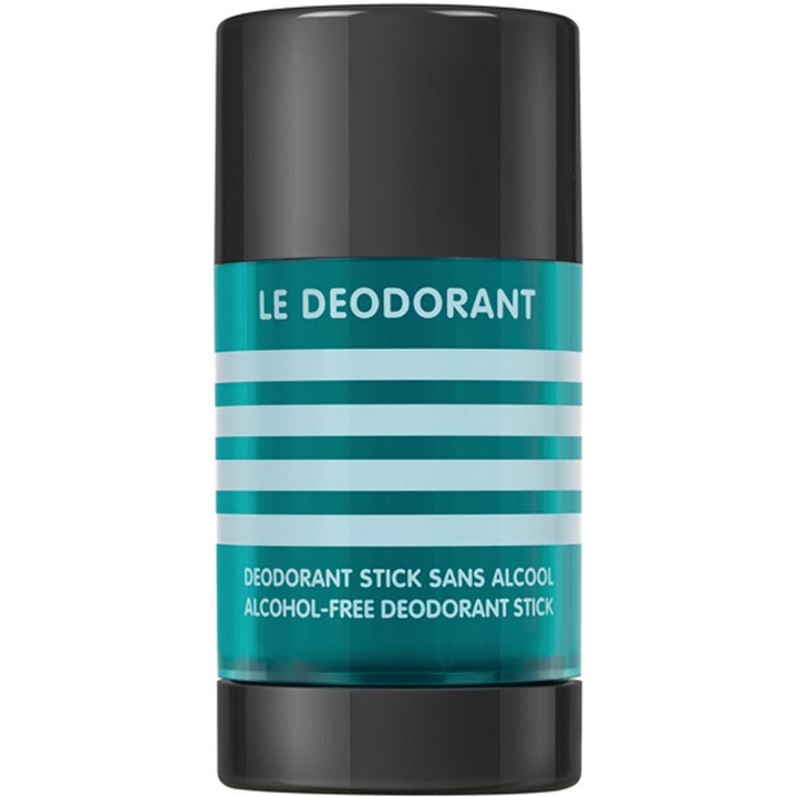 Jean Paul Gaultier Le Deodorant alkoholfri deodorantstift gir friskhet i turkis hylse med hvite striper og svart lokk.