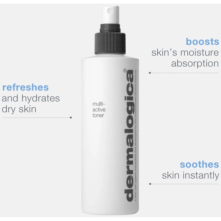 Dermalogica Multi-Active Toner Duo fuktighetsgivende ansiktsspray i hvit flaske som beroliger og frisker opp tørr hud