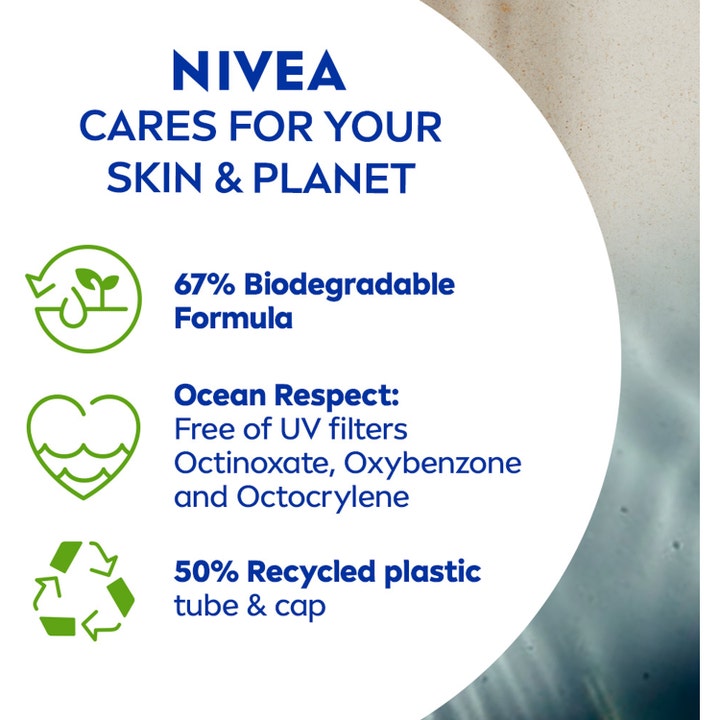 NIVEA UV Face Sensitive SPF50 50 ml solkrem med informasjon om miljøvennlig formel og resirkulert plast
