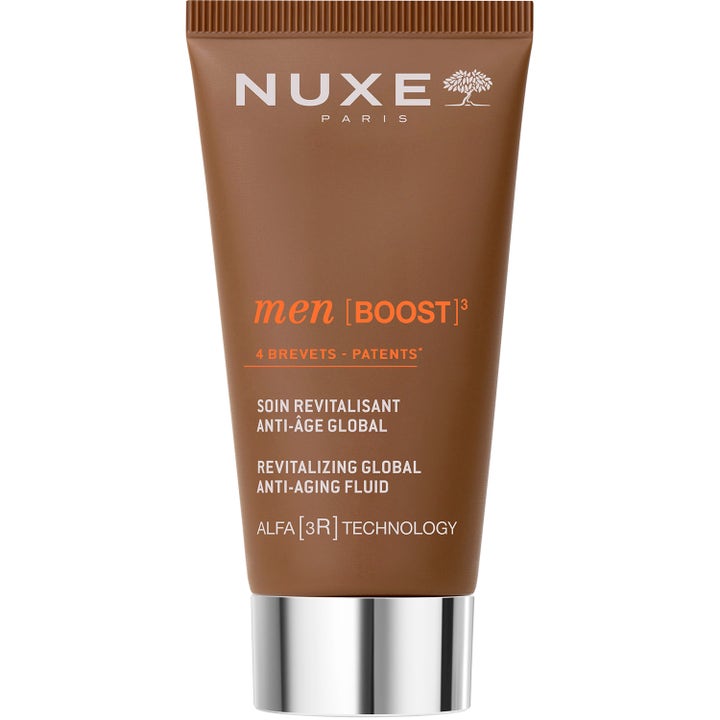 Nuxe Men Boost Revitalizing Global Anti-Aging Fluid revitaliserende ansiktskrem i brun tube med sølvfarget kork