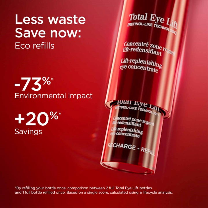 Clarins Total Eye Lift 15 ml øyekonsentrat i rød pumpeflaske med tilhørende eco refill