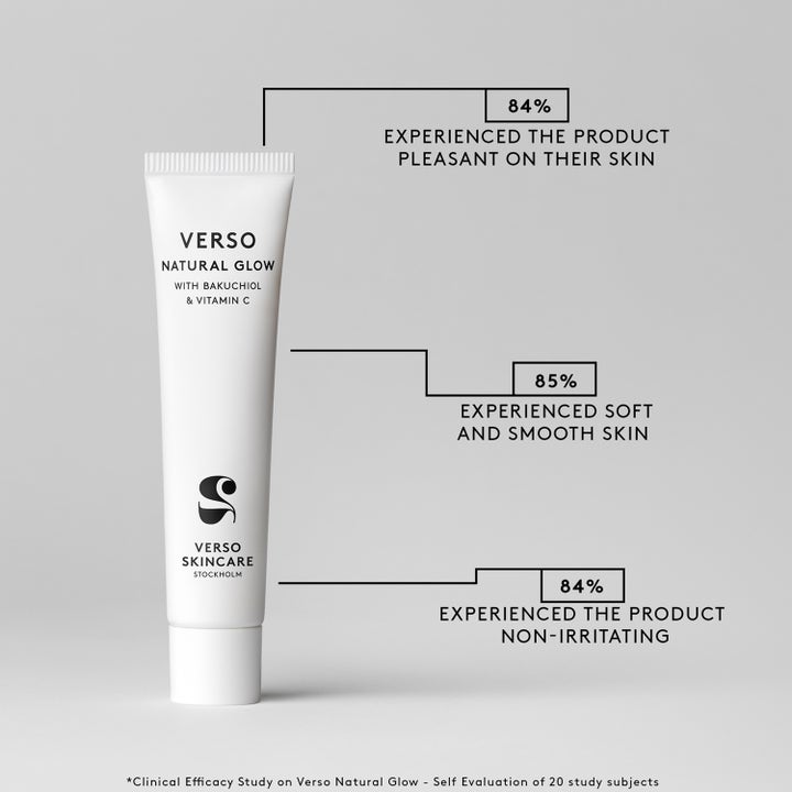 Verso Natural Glow 40 ml dagkräm i hvit tube med infografikk som viser testresultater for myk og glatt hud