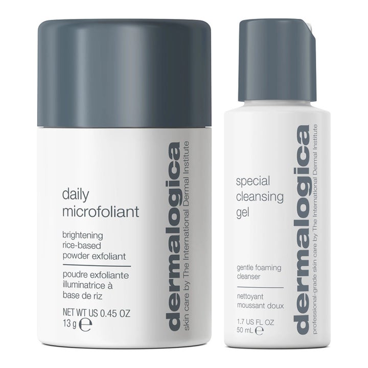 Dermalogica Daily Microfoliant 13g og Special Cleansing Gel 50ml gir glød og ren hud i hvite flasker med grått lokk.