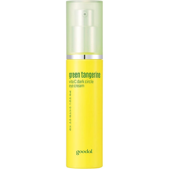 Goodal Green Tangerine Vita C Dark Circle Eye Cream 30ml mot mørke ringer i gul pumpeflaske med lysegrønn kork