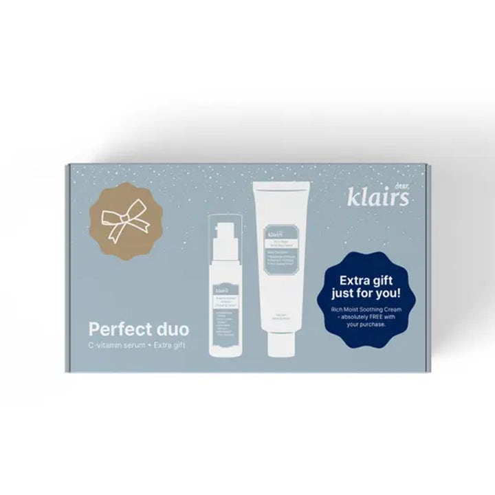 Klairs Perfect Duo 2 stk hudpleiesett i lyseblå eske med illustrasjon av vitamin C-serum og beroligende ansiktskrem.