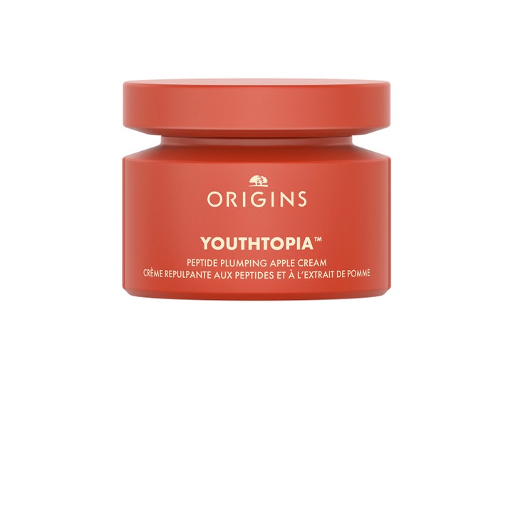 Origins Youthtopia Peptide Plumping Apple Cream ansiktskrem som gir fylde i en rød krukke med matchende lokk