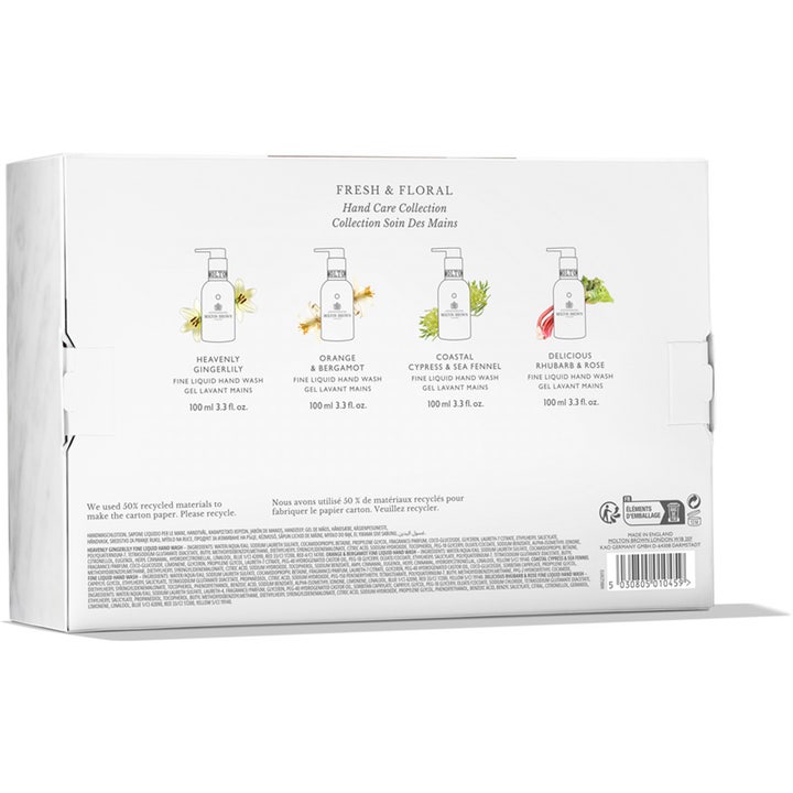 Molton Brown Hand Quad 400 ml gaveeske baksiden av hvit pakning viser fire ulike 100 ml håndsåper og ingrediensliste