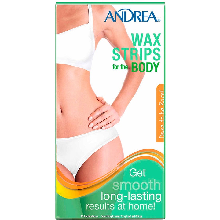 Andrea Wax Strips for the Body 20 stk hårfjerning som gir glatt hud i grønn eske med bilde av kvinnekropp.