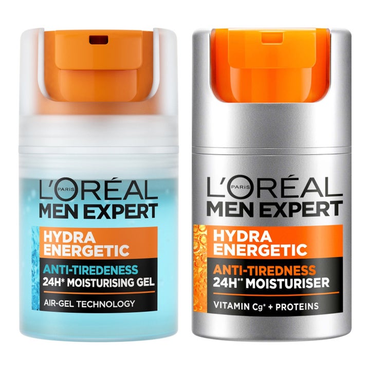 L'Oréal Men Expert Hydra Energetic fuktighetskrem og gel mot tretthetstegn i sølvfarget og frostet flaske med oransje pumpe