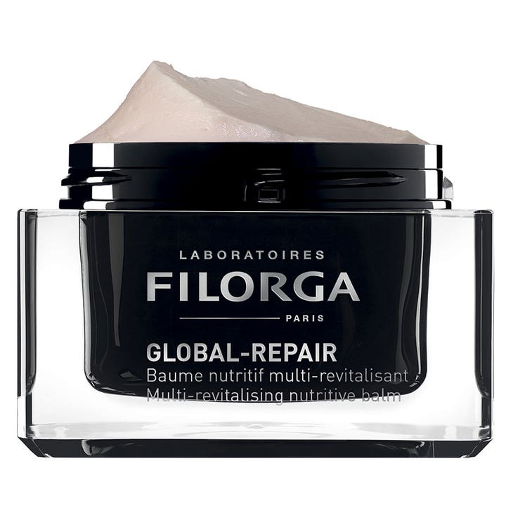 Filorga Global-Repair Balm 50 ml nærende ansiktskrem i sort glasskrukke med en synlig fyldig og kremet balm-tekstur.