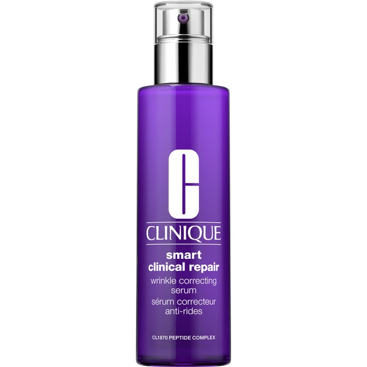 Clinique Smart Clinical Repair Wrinkle Correcting Serum mot rynker i lilla flaske med sølvpumpe.