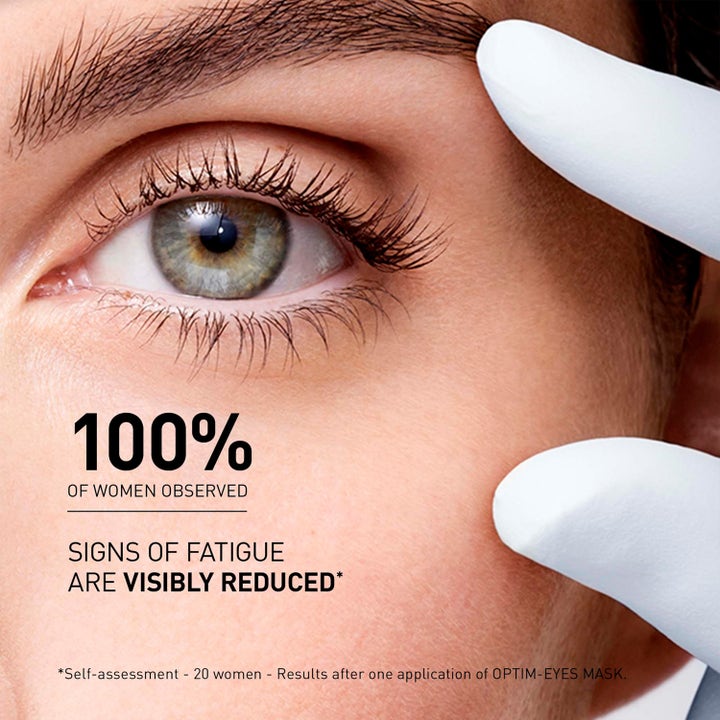 Filorga Optim-Eyes Eye Mask 6 ml øyemaske mot tretthetstegn viser nærbilde av øye og tekst om 100 % synlig resultat.