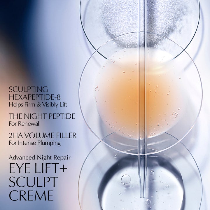 Estée Lauder Advanced Night Repair Eye Lift + Sculpt 15 ml øyekrem som gir løft og fylde med peptider vist i glass.