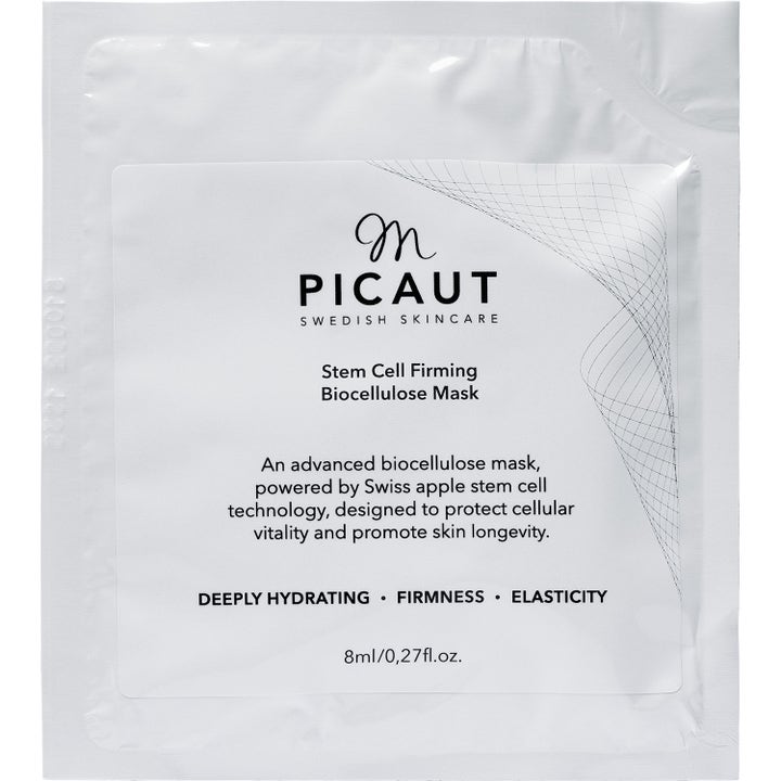 M Picaut Stem Cell Firming Biocellulose Mask 8 ml oppstrammende maske i hvit sachet med minimalistisk design.
