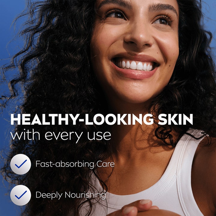 NIVEA Express Hydration Body Lotion 400 ml gir sunn hud vist med en smilende kvinne og tekst om pleie som absorberes raskt.